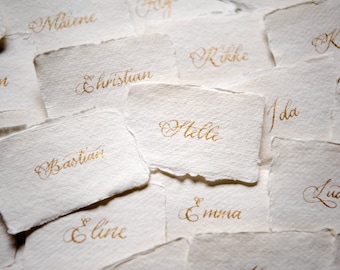 Place cards - COTTON range - gold hand lettered modern calligraphy on handmade paper with deckled edges