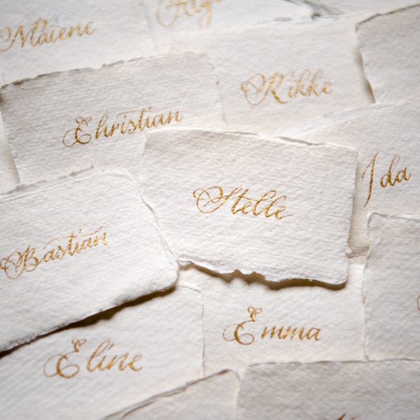 Place cards - COTTON range - gold hand lettered modern calligraphy on handmade paper with deckled edges