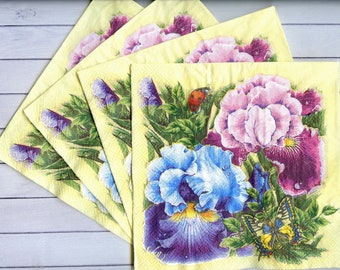 4 irises decoupage napkins Colorful  flowers paper napkin for decoupage Spring floral paper serviettes  13 x 13 inch Craft paper napkins