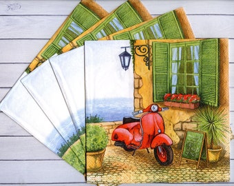 4 Red scooter decoupage napkins Scooter paper serviettes Colorful paper napkin for decoupage 13x13 Craft tissue napkins Mixed media