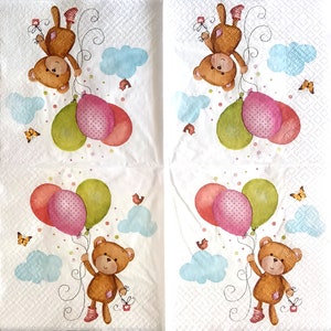 Set of 4 decoupage napkins Teddy bear with balloons paper napkin for decoupage Kids paper serviette Craft tissue napkin image 4