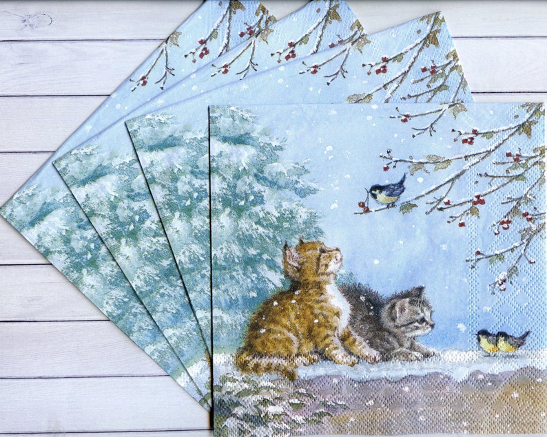 4 Single Table Paper Napkins for Decoupage Dressed Kitten Christmas 4 Single Table Paper Napkins for Decoupage Dressed Kitten Christmas