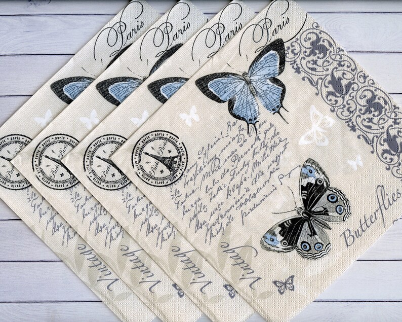 Set of 4 vintage decoupage napkins with butterfly Vintage paper serviettes 33x33 Craft paper napkins Scrapbook paper