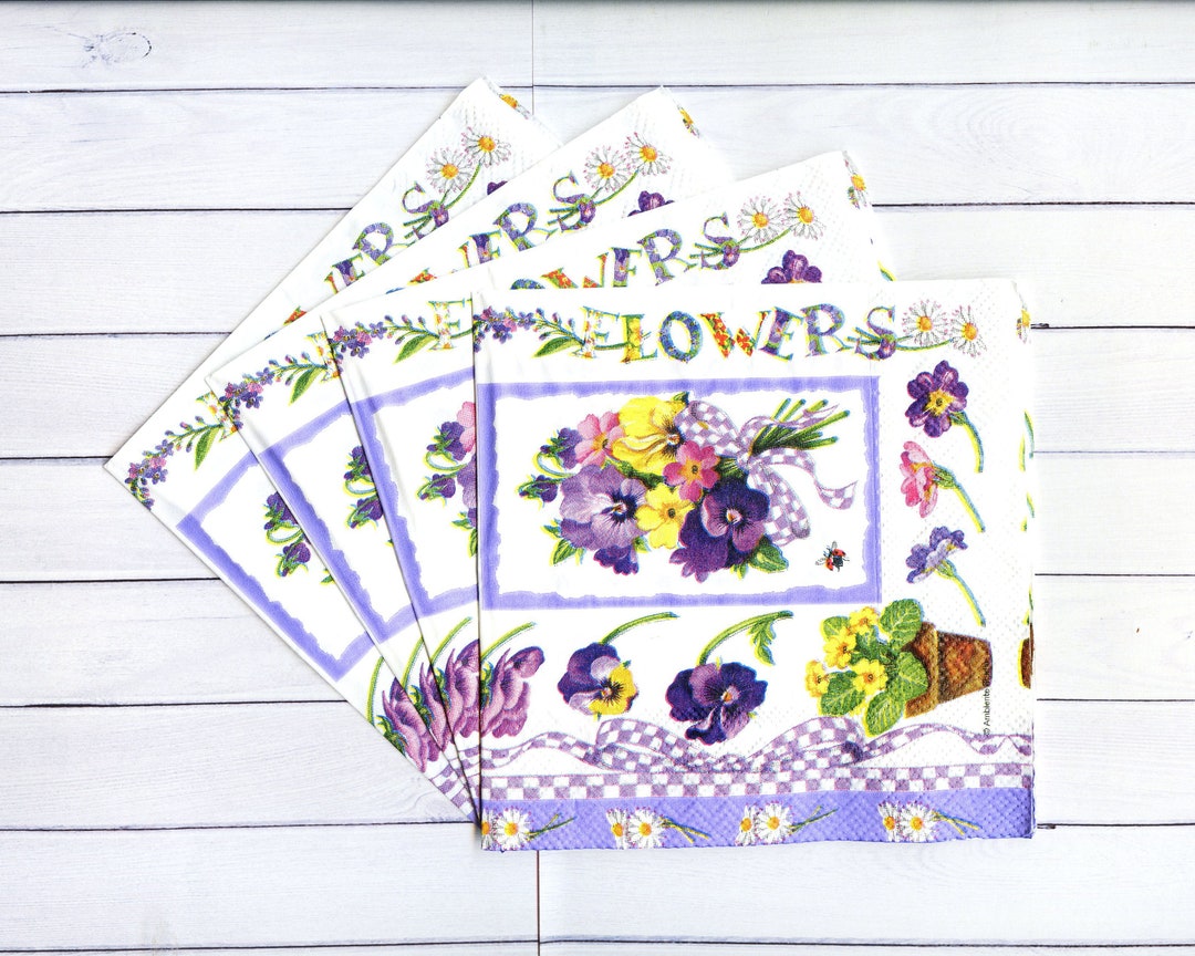 4 Pansy Decoupage Napkins Spring Floral Paper Serviette Violet Flowers