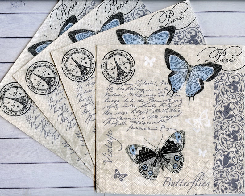 Set of 4 vintage decoupage napkins with butterfly Vintage paper serviettes 33x33 Craft paper napkins Scrapbook paper