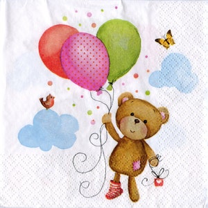 Set of 4 decoupage napkins Teddy bear with balloons paper napkin for decoupage Kids paper serviette Craft tissue napkin image 3