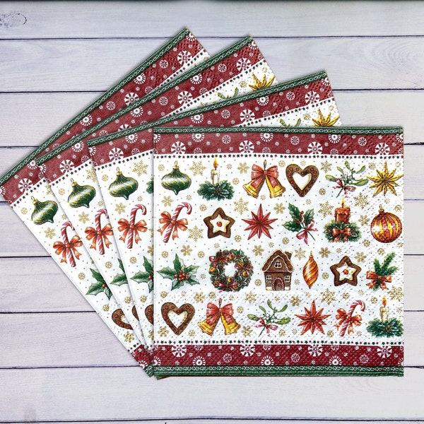 4 Christmas decoupage napkins - Christmas decorates paper serviettes - Merry Christmas napkin decoupage  - 10" x 10" - Craft paper napkins