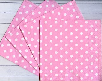 4 Pink decoupage napkins with white polka dot Pink paper napkin for decoupage Polka dot paper serviettes 33x33  Scrapbooking paper