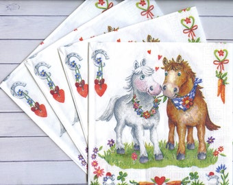 Set of 4 Horses paper napkin for decoupage Animal serviettes decoupage Horses in love napkins 13 x 13 inches Scrapbook paper Mixed media