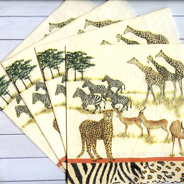 4 decoupage napkins with african animals  Wild animal paper serviettes Giraffe zebra leopard antelope 13x13 inches Scrapbook paper