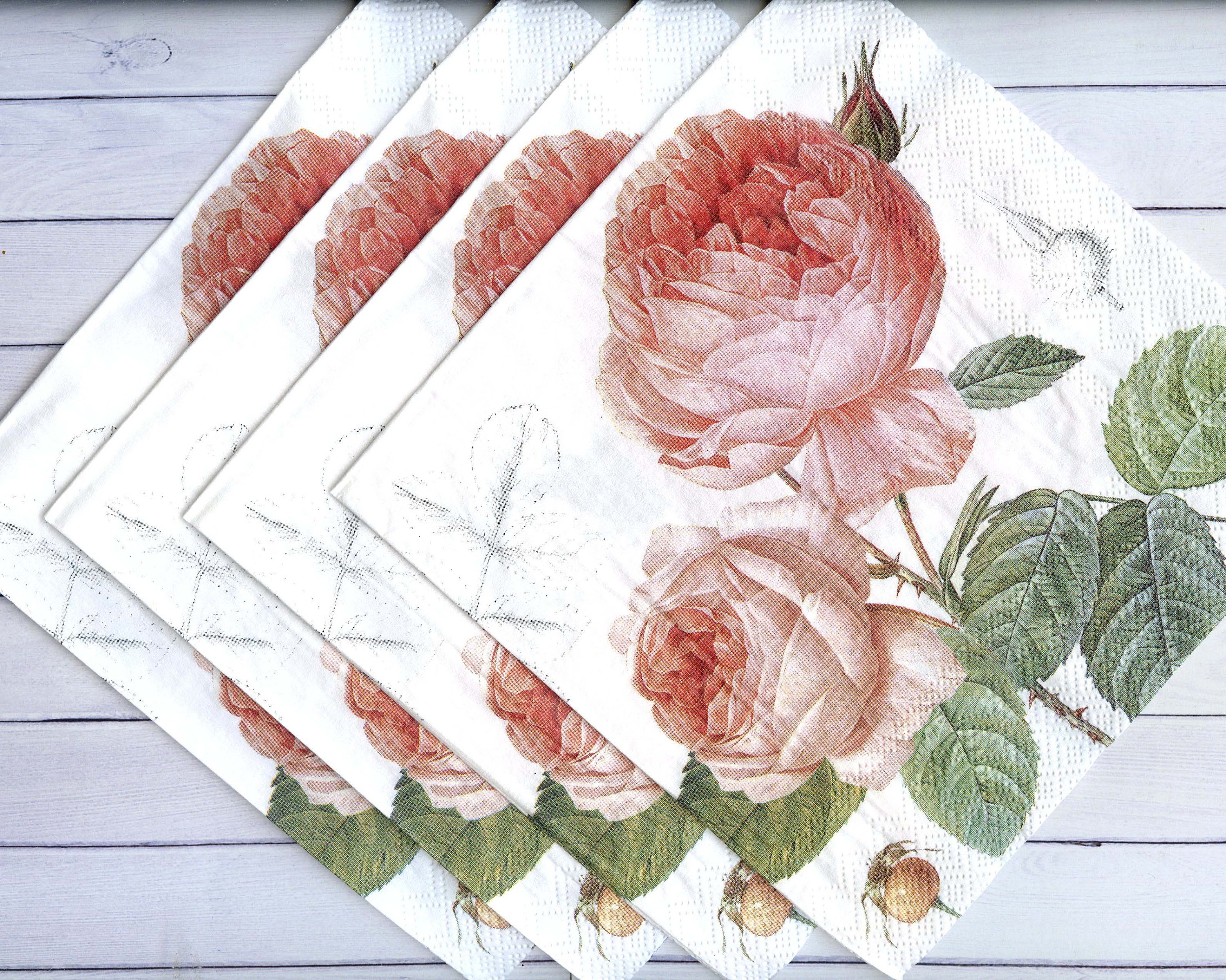 Watercolor Pink Roses Lunch Paper Napkins for Decoupage 40pcs