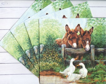 4 paper napkin for decoupage Donkeys and geese napkins Animal paper serviettes Decoupage napkins 13x13 inches Craft paper napkin Mixed media