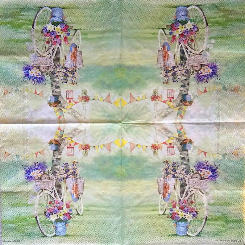 Set of 4 Vintage bike napkins for decoupage Paper serviettes Retro bicycle flowers paper napkin 4 decoupage napkins 33x33 Scrapbooking paper
