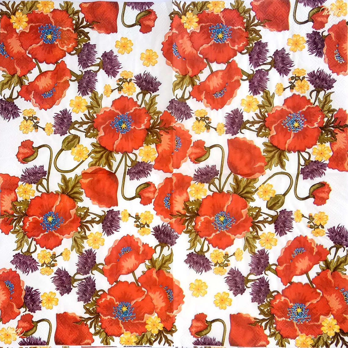 Set of 4 red poppy napkins decoupage Floral paper serviettes Etsy