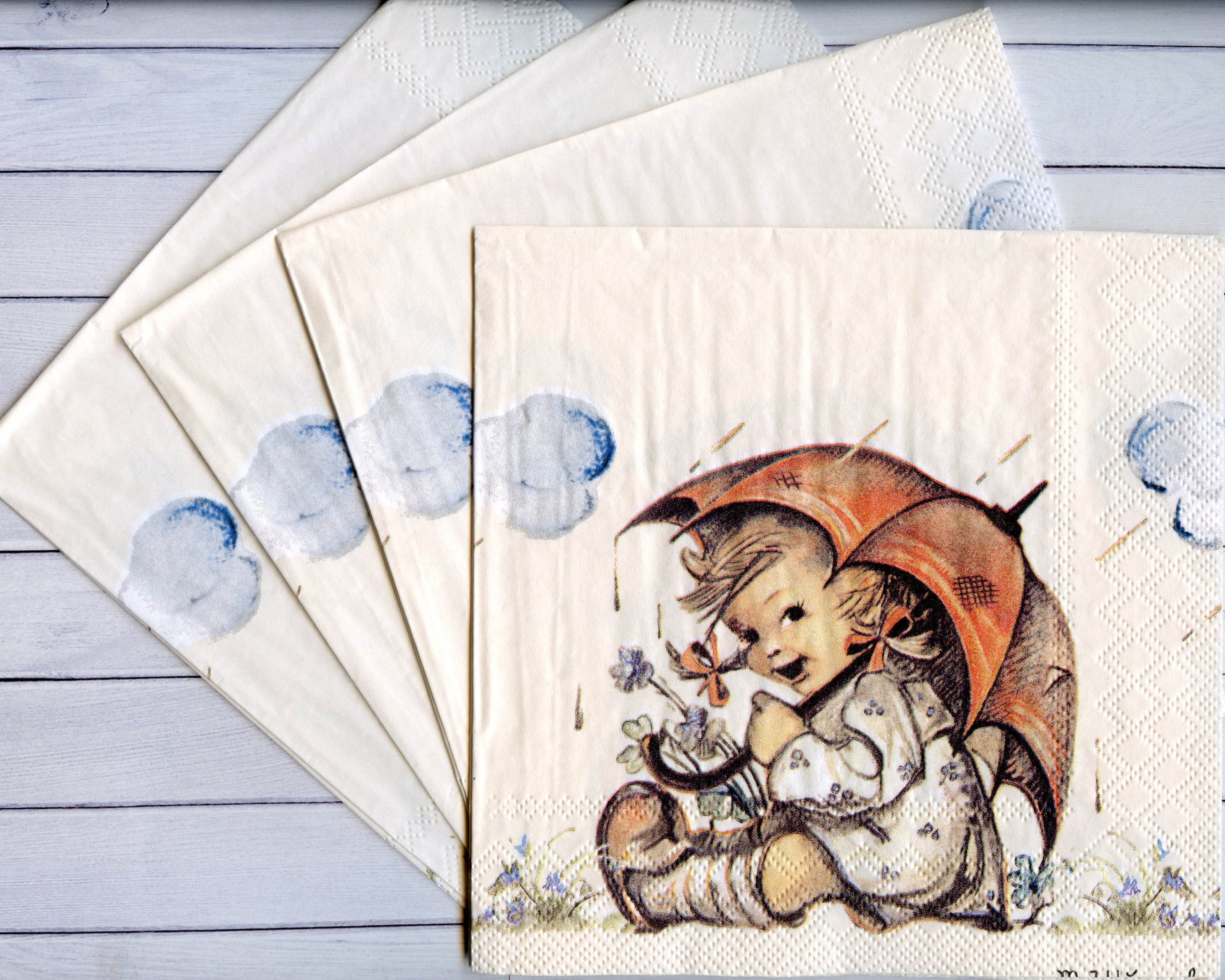 4 Vintage Table Paper Napkins for Decoupage Lunch Party Little Girl & Umbrella
