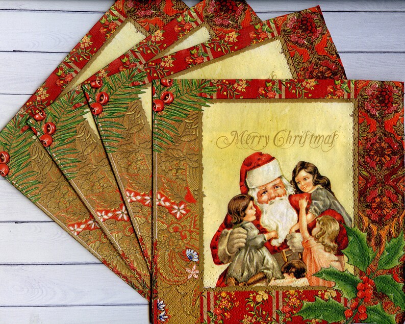 4 Lunch Paper Napkins for Decoupage Craft Vintage Napkin Art Santa /& Bike