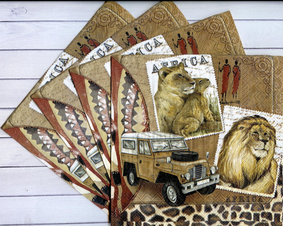 4 African Decoupage Napkins With Lions Wild Animal Paper Serviettes Lion Tissue Paper 13x13
