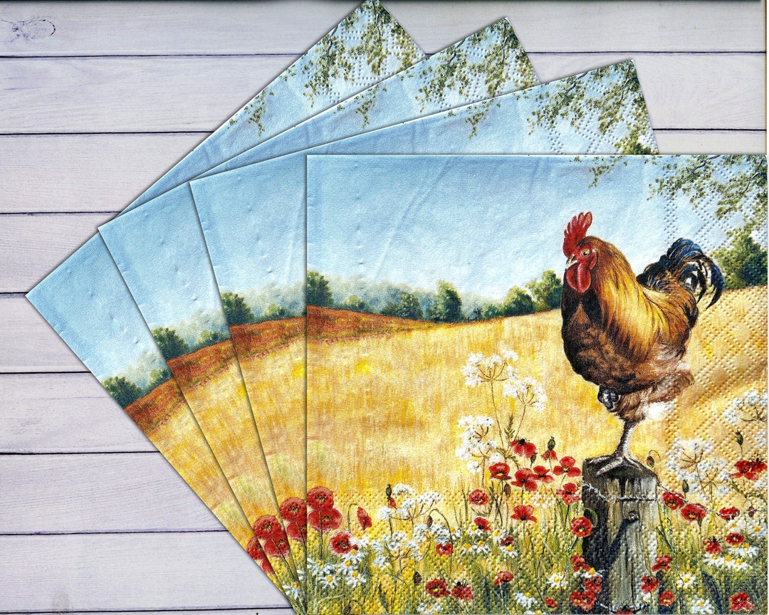 Set of 4 Rooster Decoupage Napkins Flower Field Bird Serviettes Proud