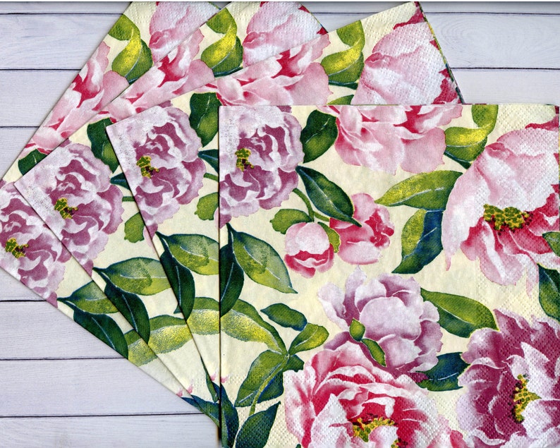 4 pink peony decoupage napkins Floral paper serviettes Pink Etsy