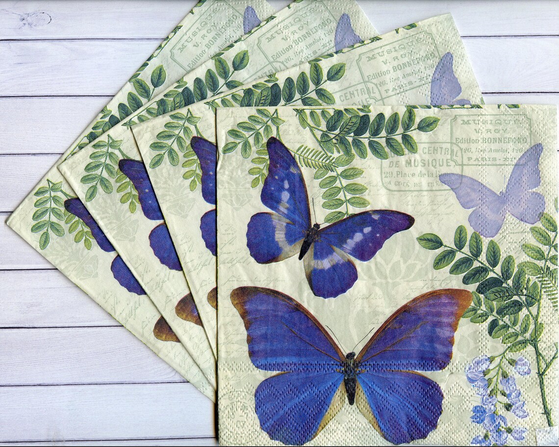 4 Butterfly Decoupage Napkins Blue Butterfly Serviettes Etsy