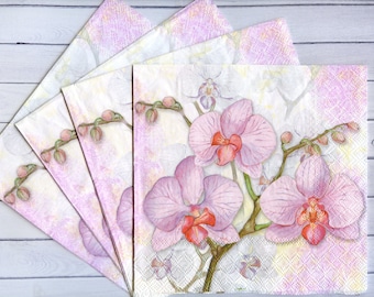 Set of 4 pink orchid decoupage napkins Floral paper serviettes Orchid napkins decoupage  Pink flower serviettes 13 x 13 Craft paper napkins