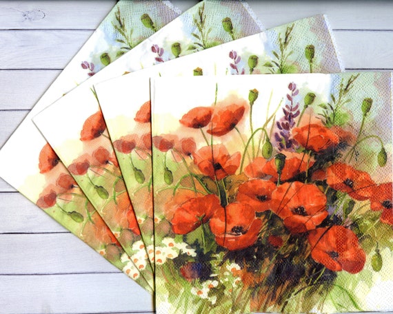 4 Red Poppy Decoupage Napkins Floral Paper Serviettes Wildflowers Paper Napkins  for Decoupage 13 X 13 Inch Scrapbook Paper Napkins 