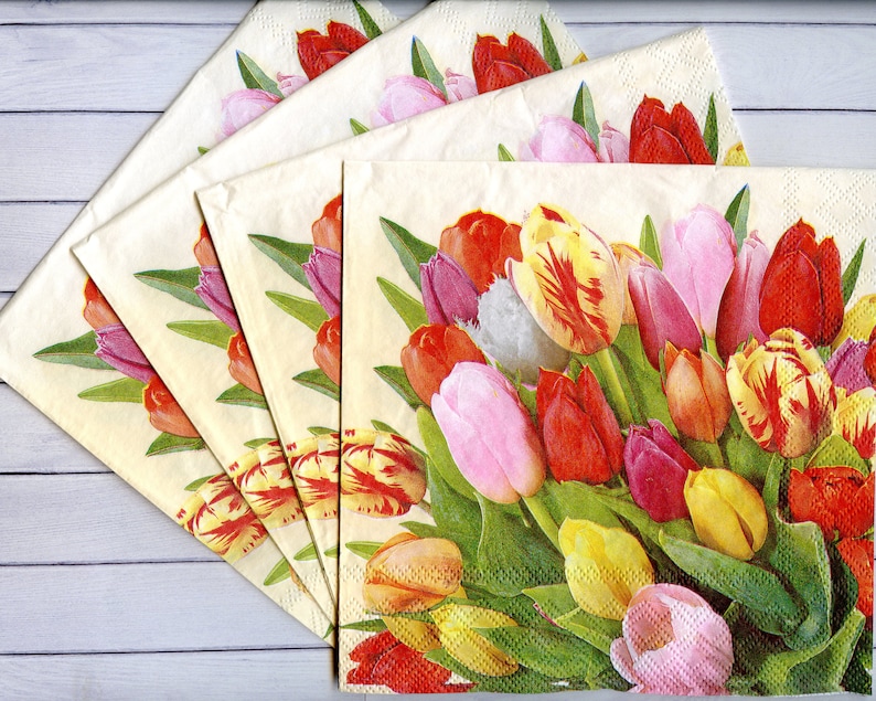 4 Tulip decoupage napkins Spring flower serviettes Spring paper napkin for decoupage 13x13 Craft paper Scrapbooking paper