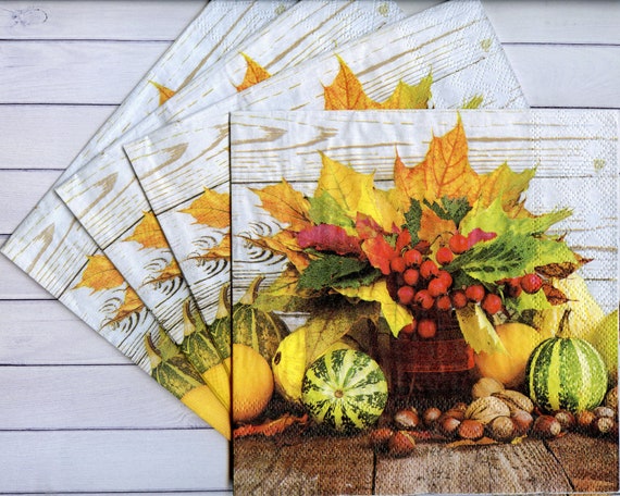 4 Autumn Decoupage Napkins Pumpkin and Autumn Leaves Paper Serviette Fall  Paper Napkin for Decoupage 13 X 13 Inch Fall Craft Tissue Napkins 