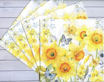 Set of 4 Narcissus decoupage napkins Spring floral paper serviette Yellow flowers napkin for decoupage 13" x 13" Craft paper napkin