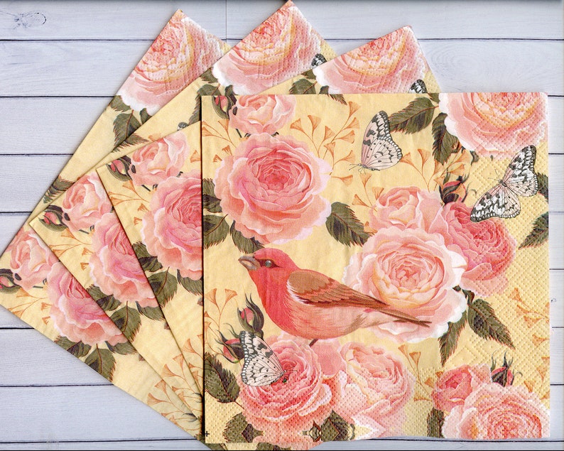 4 birds paper napkins for decoupage Pink bird and pink roses Etsy