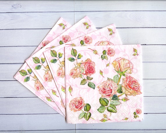 Tovagliolo con 4 rose rosa per decoupage Tovaglioli di carta floreale  Tovaglioli per decoupage fiori estivi 10 x 10 pollici Tovaglioli di carta  artigianale Tecnica mista -  Italia