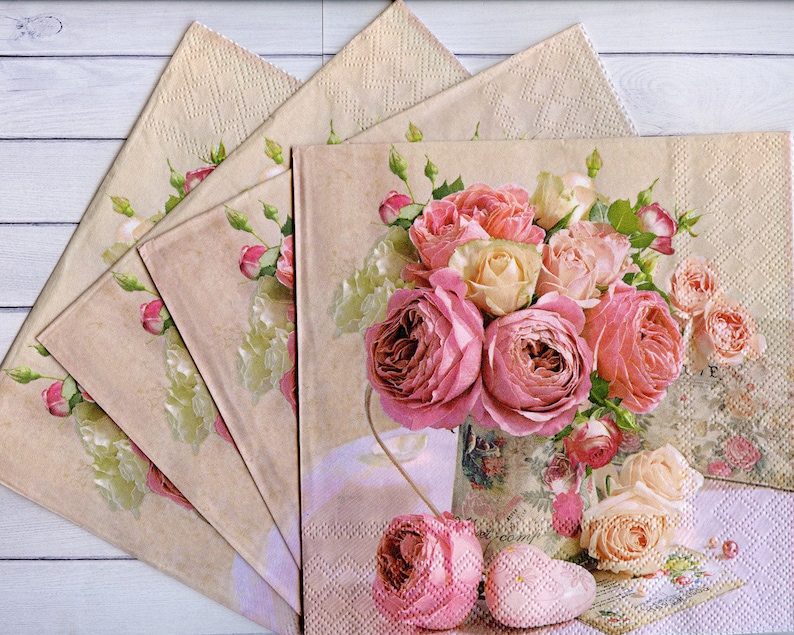 4 peonies and roses decoupage napkins Floral paper serviettes Pink flowers bouquet napkins decoupage 13 x 13 Craft tissue paper napkins