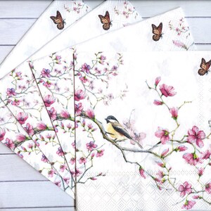 4 decoupage napkins Little bird serviettes Floral paper napkin for decoupage Birds on a branch with pink flowers 13x13 Craft paper napkins