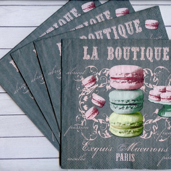 Ensemble de 4 serviettes de table à servir vintage avec macarons boutique Paris, serviettes en papier Fond gris, 33 x 33 cm