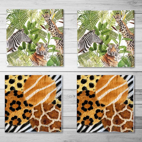 4 Serviette jungle pour découpage Serviettes animaux sauvages Tigre zèbre girafe éléphant Serviette de découpage peau d'animal 13x13 pouces Papier scrapbooking