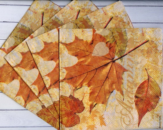 4 fall decoupage napkins Autumn leaves serviettes Fall tissue napkins 13x13 inches Yellow orange leaves Craft paper napkins