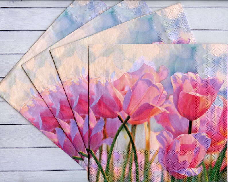 4 spring decoupage napkins Pink tulips paper serviettes Floral Etsy