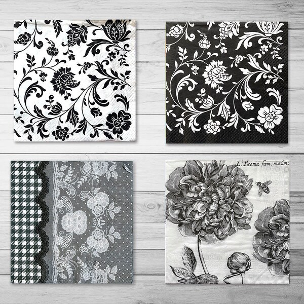 4  Monochrome decoupage napkins Lace background Black white paper serviettes 33" x 33" Craft paper Napkin for decoupage Scrapbooking paper