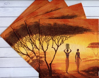4 African decoupage napkins African sunset paper serviettes Two African girls napkin for decoupage Savannah paper napkins 13x13 inches