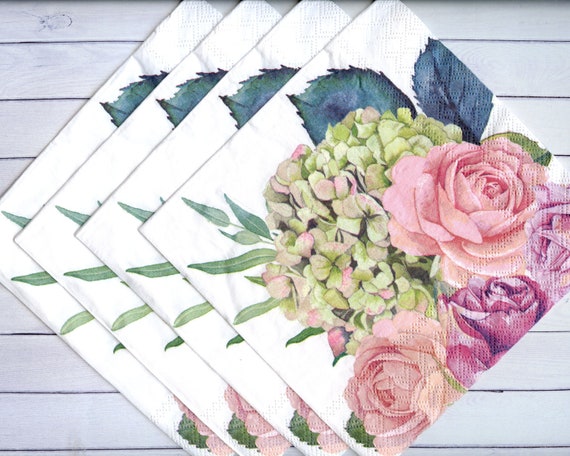 4 Decoupage Napkins with Roses and Hydrangea 3ply Floral Luncheon Paper  Napkins