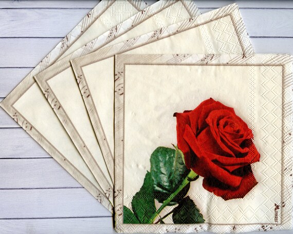 4 Red Rose Napkin for Decoupage Single Rose on Music Paper Background  Flower Decoupage Napkins 13 X 13 Inch Craft Paper Napkins 