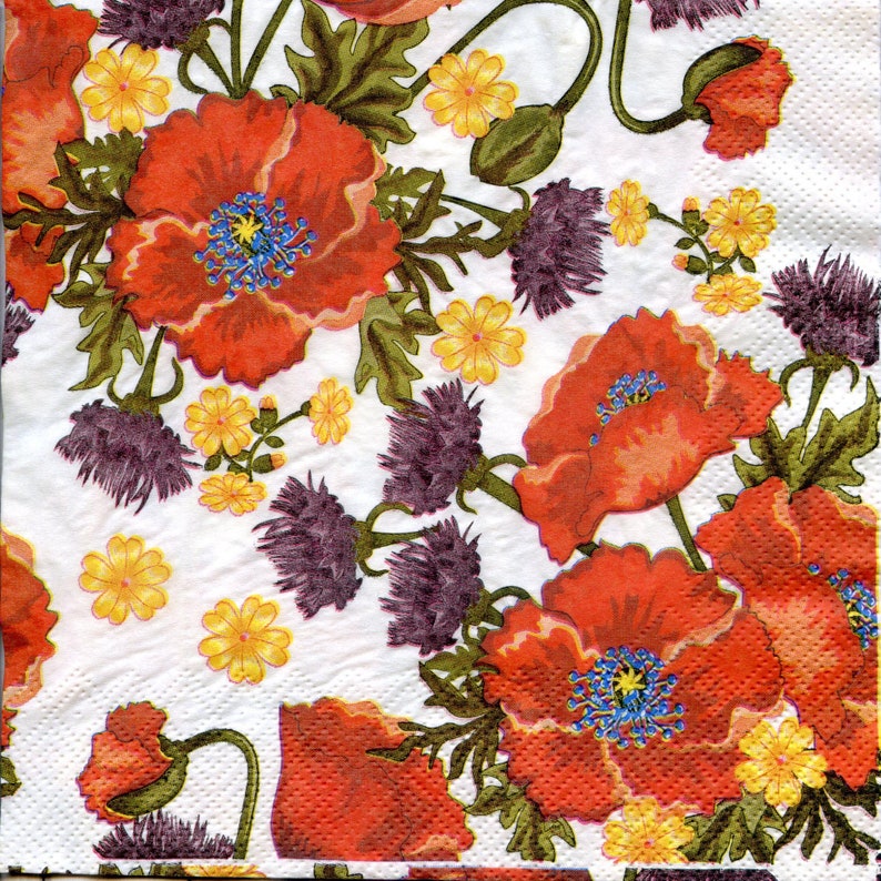 Set of 4 red poppy napkins decoupage Floral paper serviettes Etsy