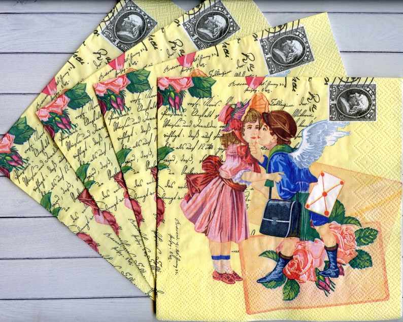 4 Vintage paper napkins for decoupage Kissing children paper Etsy