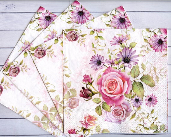 4 x Single Paper Napkins Romantic Roses for Decoupage Crafting and Table 27