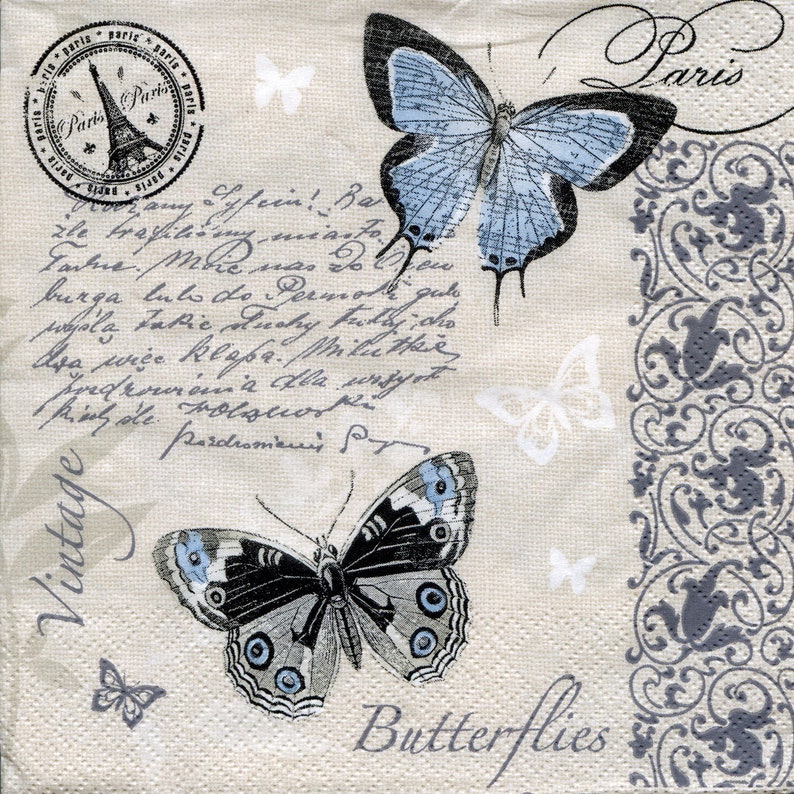 Set of 4 vintage decoupage napkins with butterfly Vintage paper serviettes 33x33 Craft paper napkins Scrapbook paper