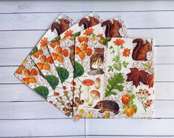 4 fall decoupage napkins Autumn leaves serviettes Squirrel hedgehog owl napkin for decoupage 10" x 10" Craft paper napkins