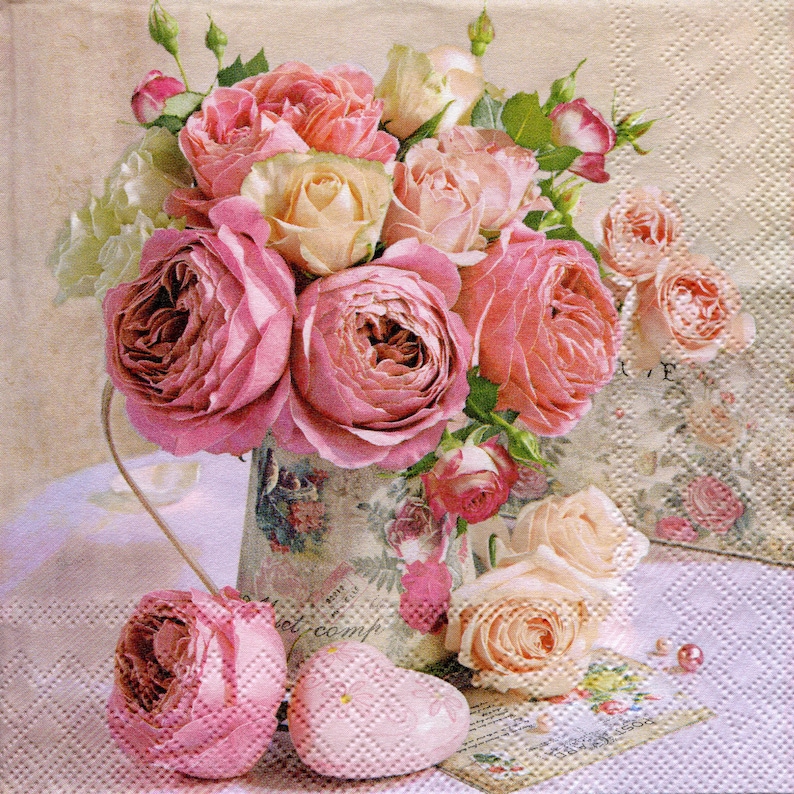 4 peonies and roses decoupage napkins Floral paper serviettes Pink flowers bouquet napkins decoupage 13 x 13 Craft tissue paper napkins