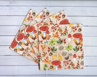 4 Fall paper napkins decoupage Autumn leaf mushrooms napkin for decoupage Leaves paper serviette 10" x 10" Fall craft paper napkins