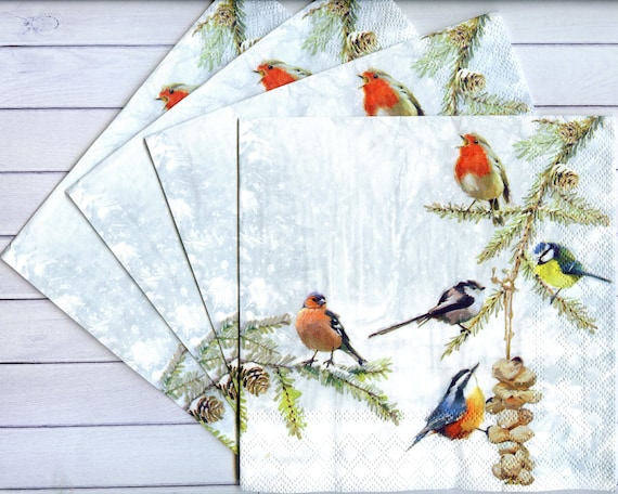 4 Winter Birds Decoupage Napkins Bird on Brunch Paper Napkins for Decoupage  Winter Serviettes Decoupage 13x13 