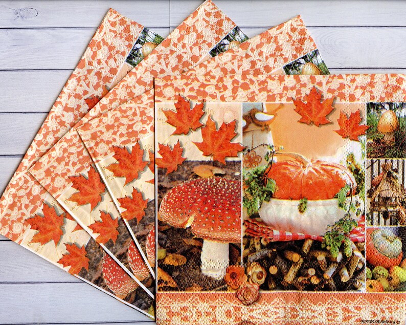 Set of 4 Fall Decoupage Napkins With Pumpkins and Mushrooms Etsy